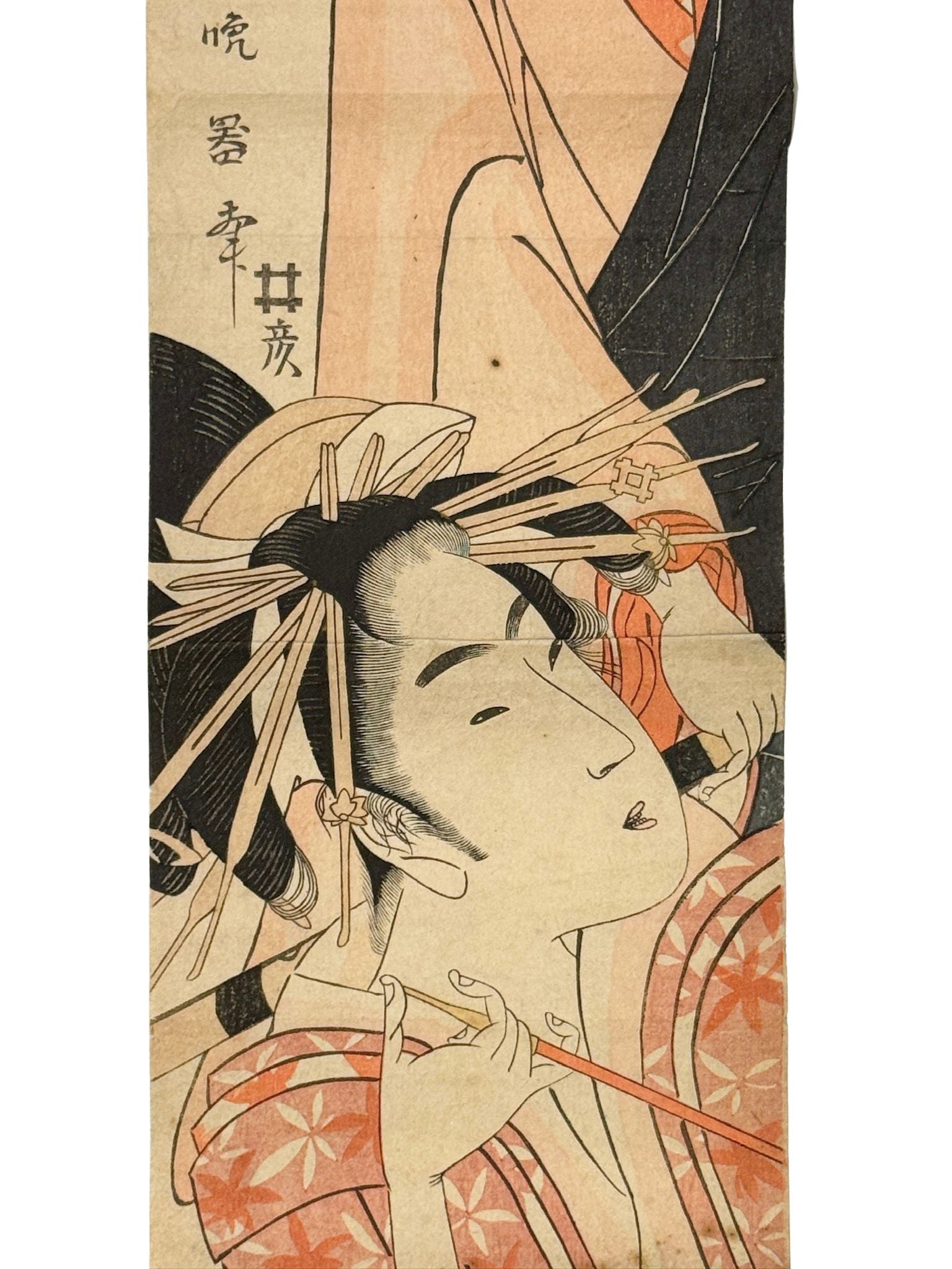 Estampe Japonaise hashira-e de Koikawa Harumasa représentant la courtisane Komurasaki et son amant Shirai Gonpachi, détail de Komurasaki