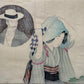 Estampe japonaise femme replaçant son foulard bleu sur la tête, portrait d'homme en chapeau dans un cartouche rond, la regardant, verso de l'estampe