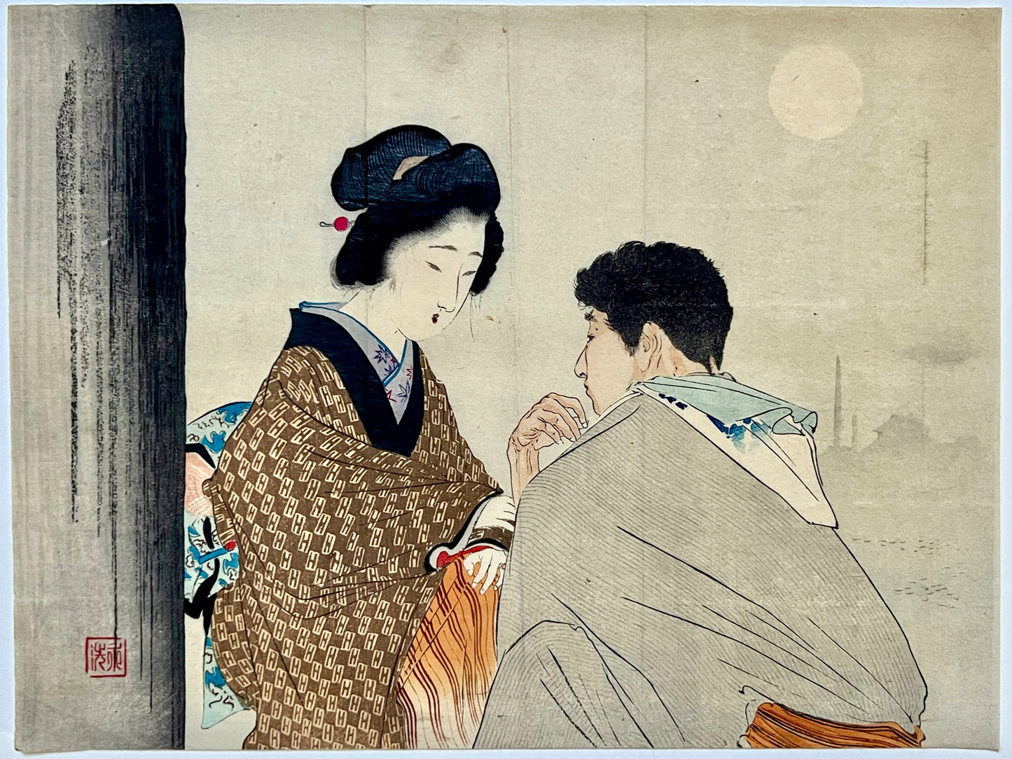 estampe japonaise couple discutant un nuit de pleine lune