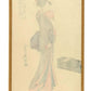 Estampe Japonaise de Hosoda Eishi représentant la geisha Itsuhana, habillée d'un kimono coloré et tenant un éventail, le verso