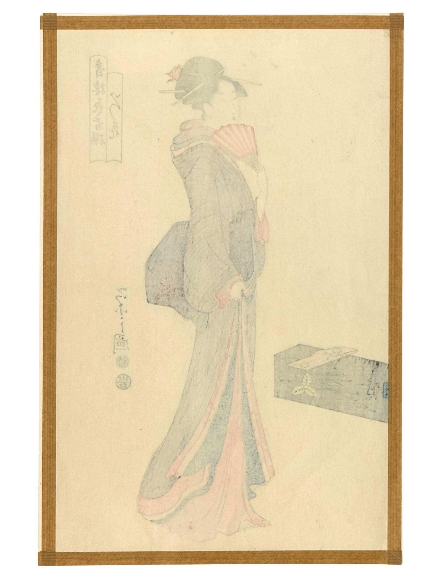 Estampe Japonaise de Hosoda Eishi représentant la geisha Itsuhana, habillée d'un kimono coloré et tenant un éventail, le verso