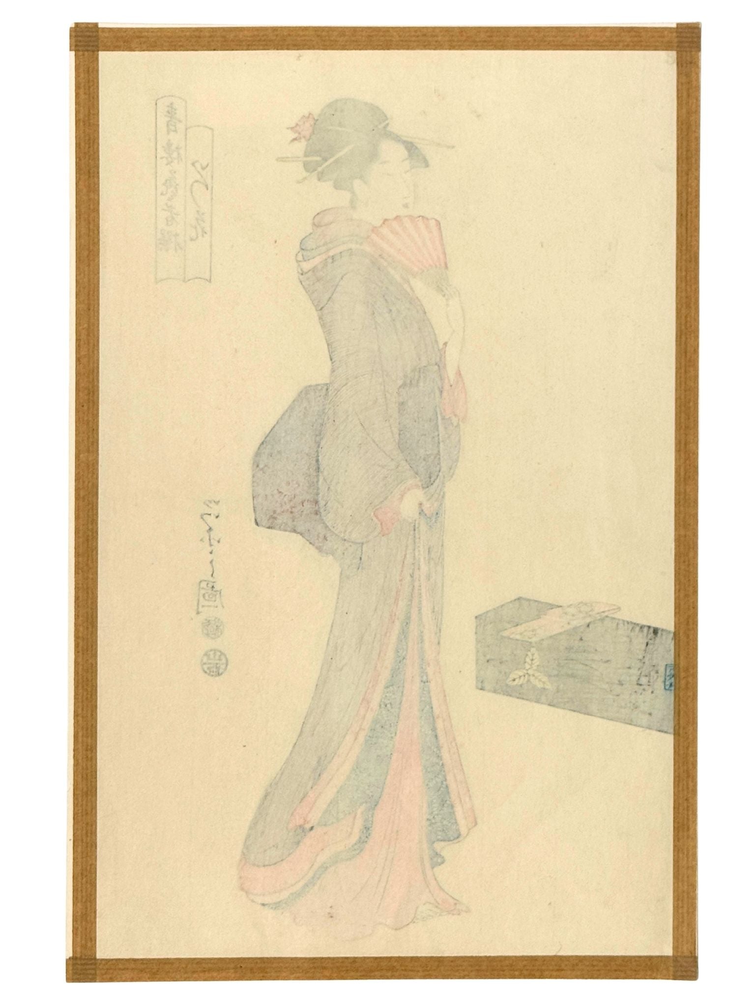 Estampe Japonaise de Hosoda Eishi représentant la geisha Itsuhana, habillée d'un kimono coloré et tenant un éventail, le verso