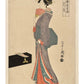 Estampe Japonaise de Hosoda Eishi représentant la geisha Itsuhana, habillée d'un kimono coloré et tenant un éventail