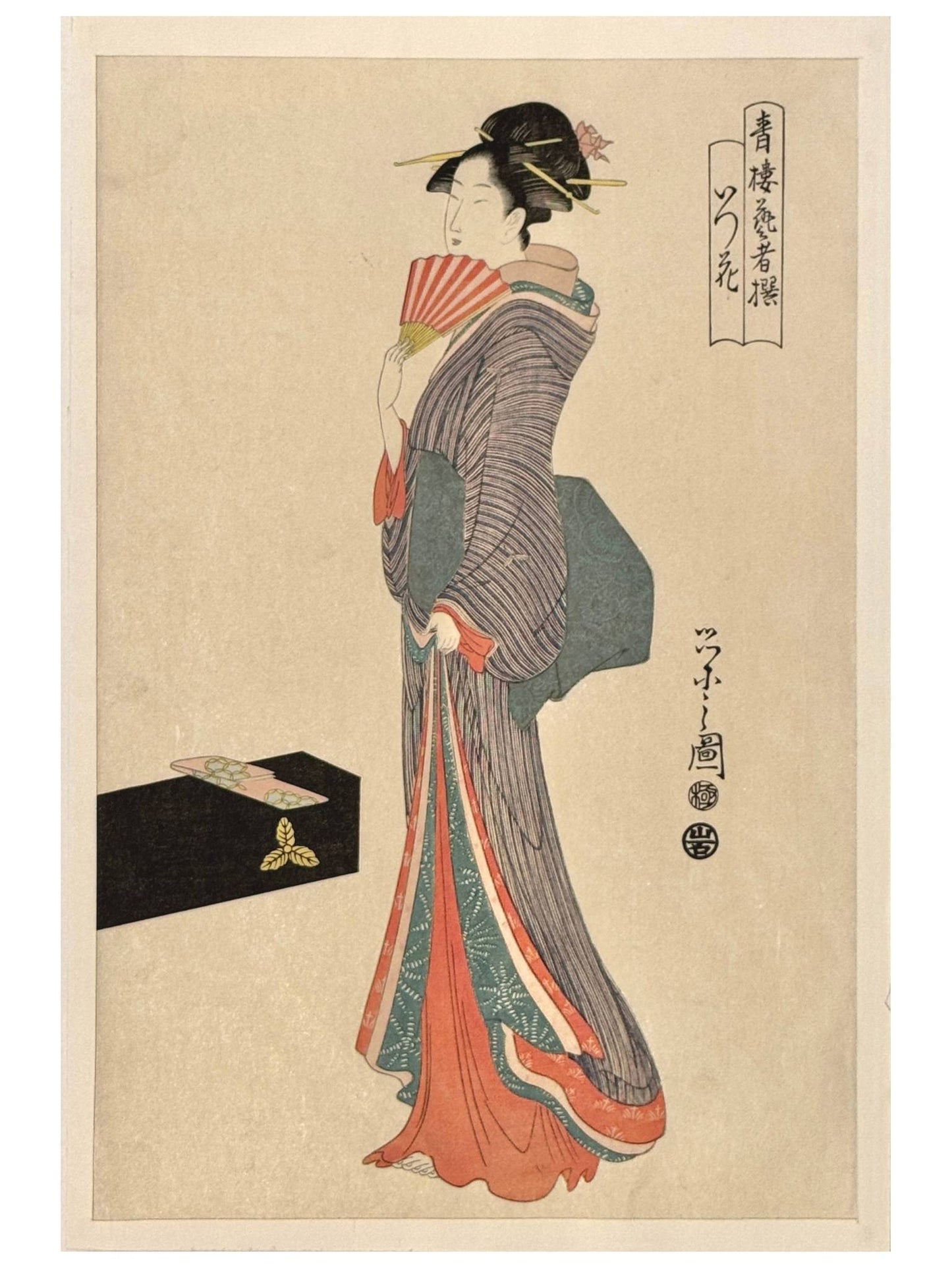 Estampe Japonaise de Hosoda Eishi représentant la geisha Itsuhana, habillée d'un kimono coloré et tenant un éventail