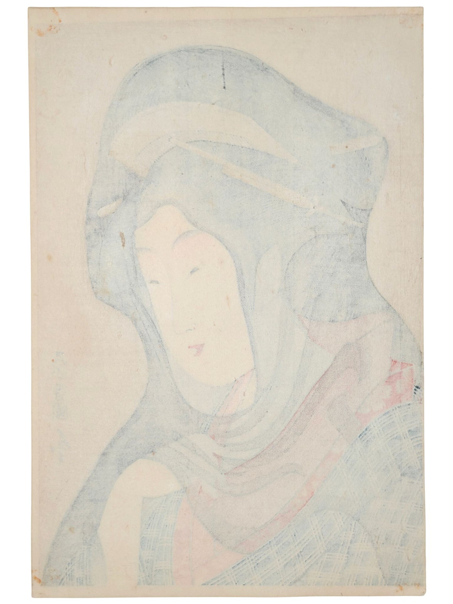 Estampe Japonaise de Chōkosai Eishō portrait de femme avec un voile transparent recouvrant sa têt, le verso de l'estampe