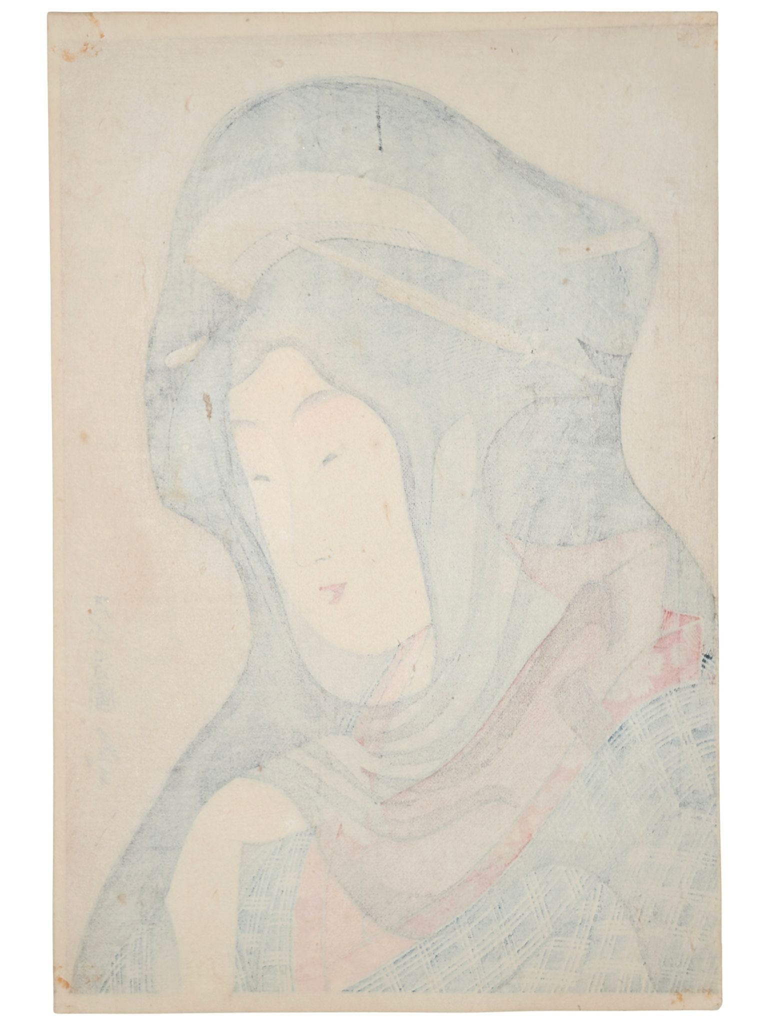 Estampe Japonaise de Chōkosai Eishō portrait de femme avec un voile transparent recouvrant sa têt, le verso de l'estampe
