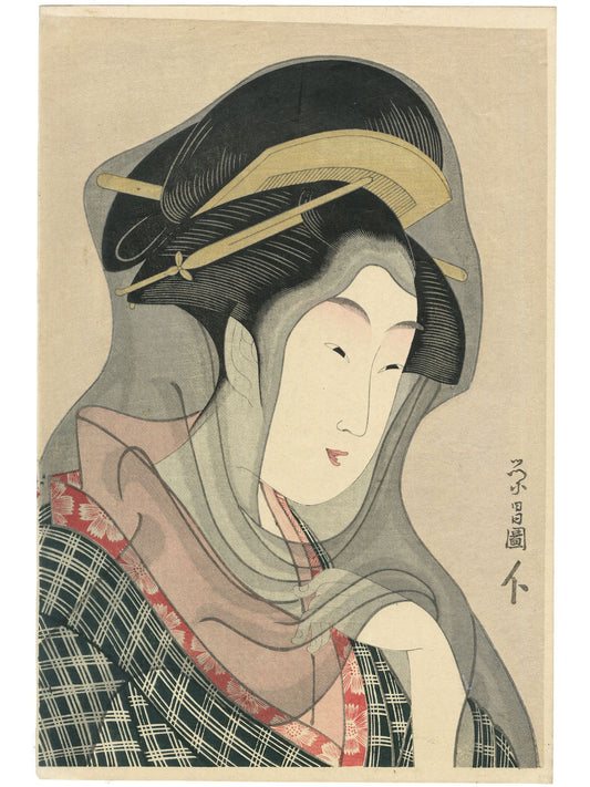 Estampe Japonaise de Chōkosai Eishō portrait de femme avec un voile transparent recouvrant sa tête.