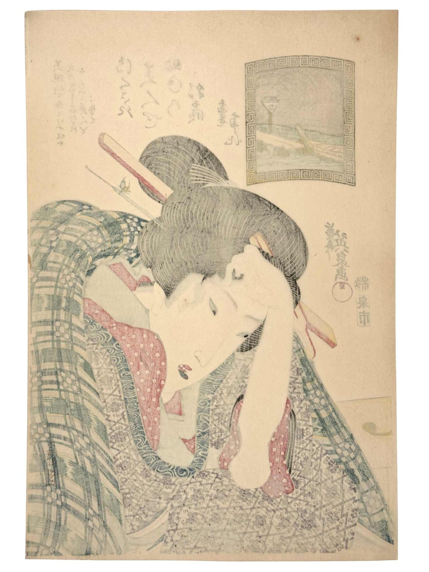 Estampe Japonaise de Keisai Eisen représentant une courtisane à la mode de l'ère Bunsei faisant la publicité de la poudre de teint Bien Senjôkô, le verso