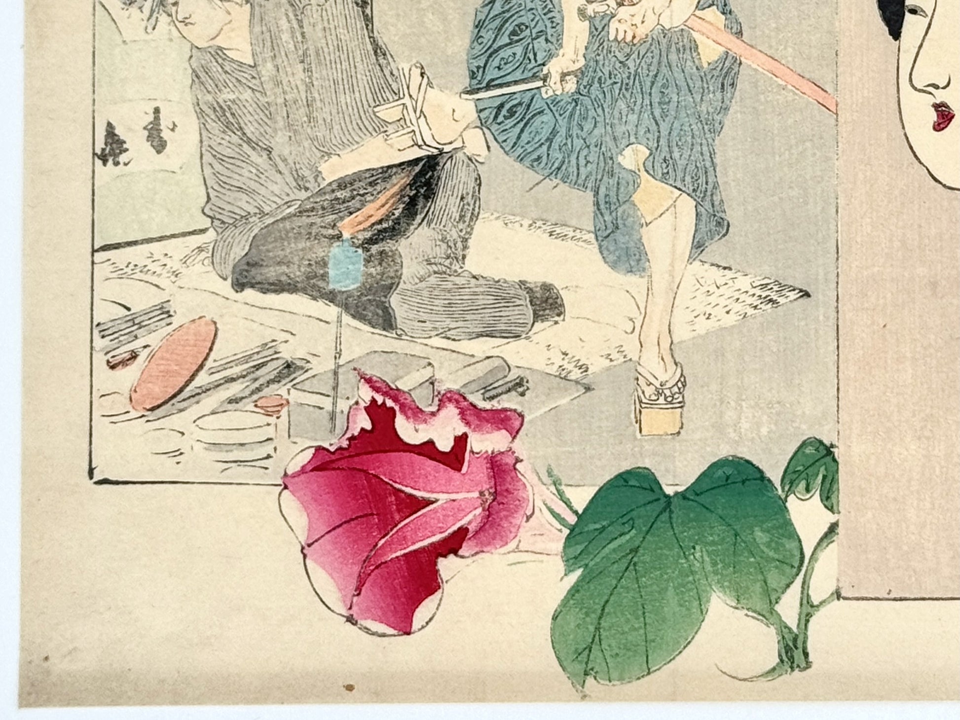 estampe japonaise kuchi-e de Tomioka Eisen, portrait d'une beauté, un samouraï et un artisan, gros plan sur une fleur rouge