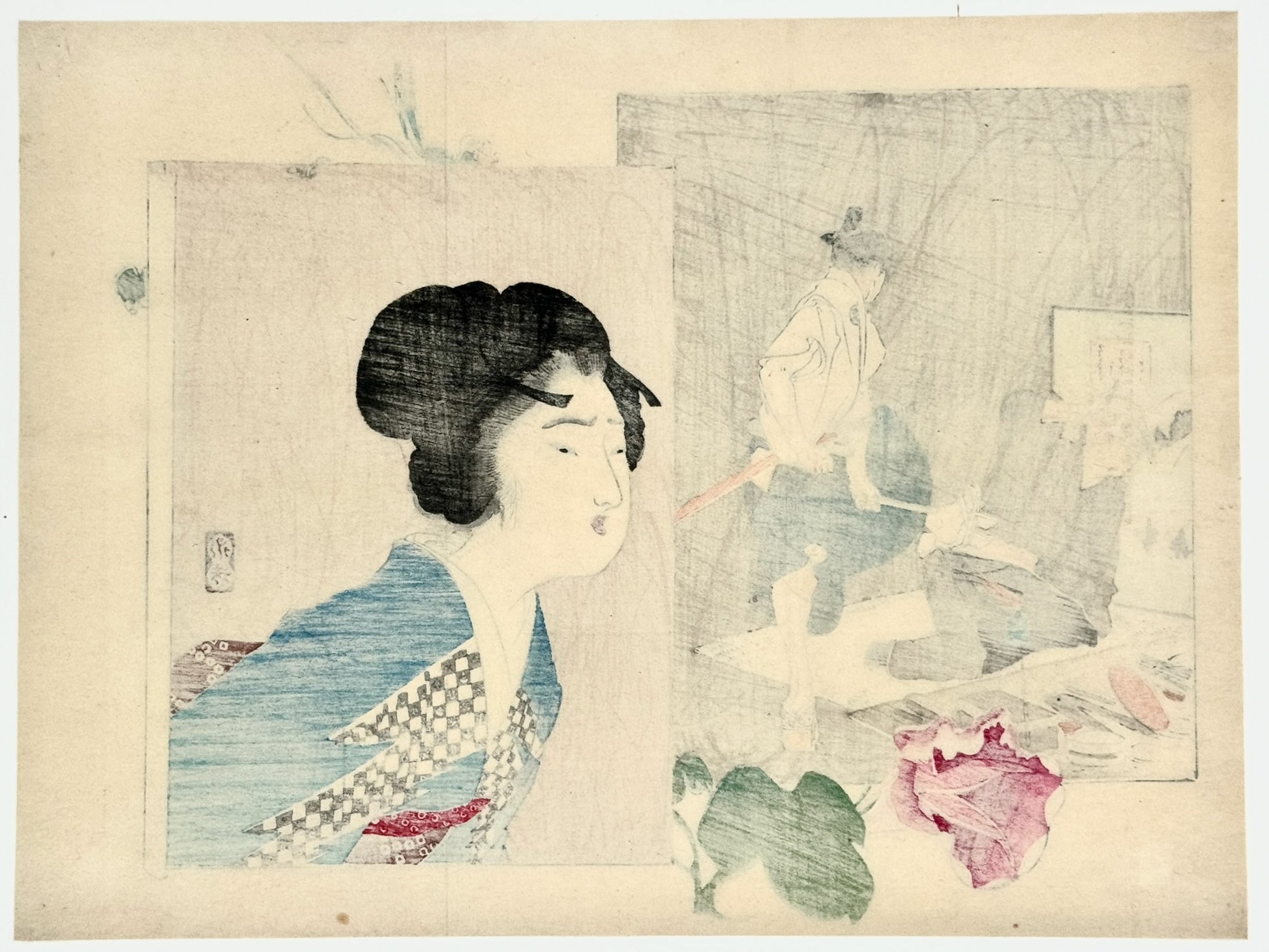 estampe japonaise kuchi-e de Tomioka Eisen, portrait d'une beauté, un samouraï et un artisan, verso de l'estampe