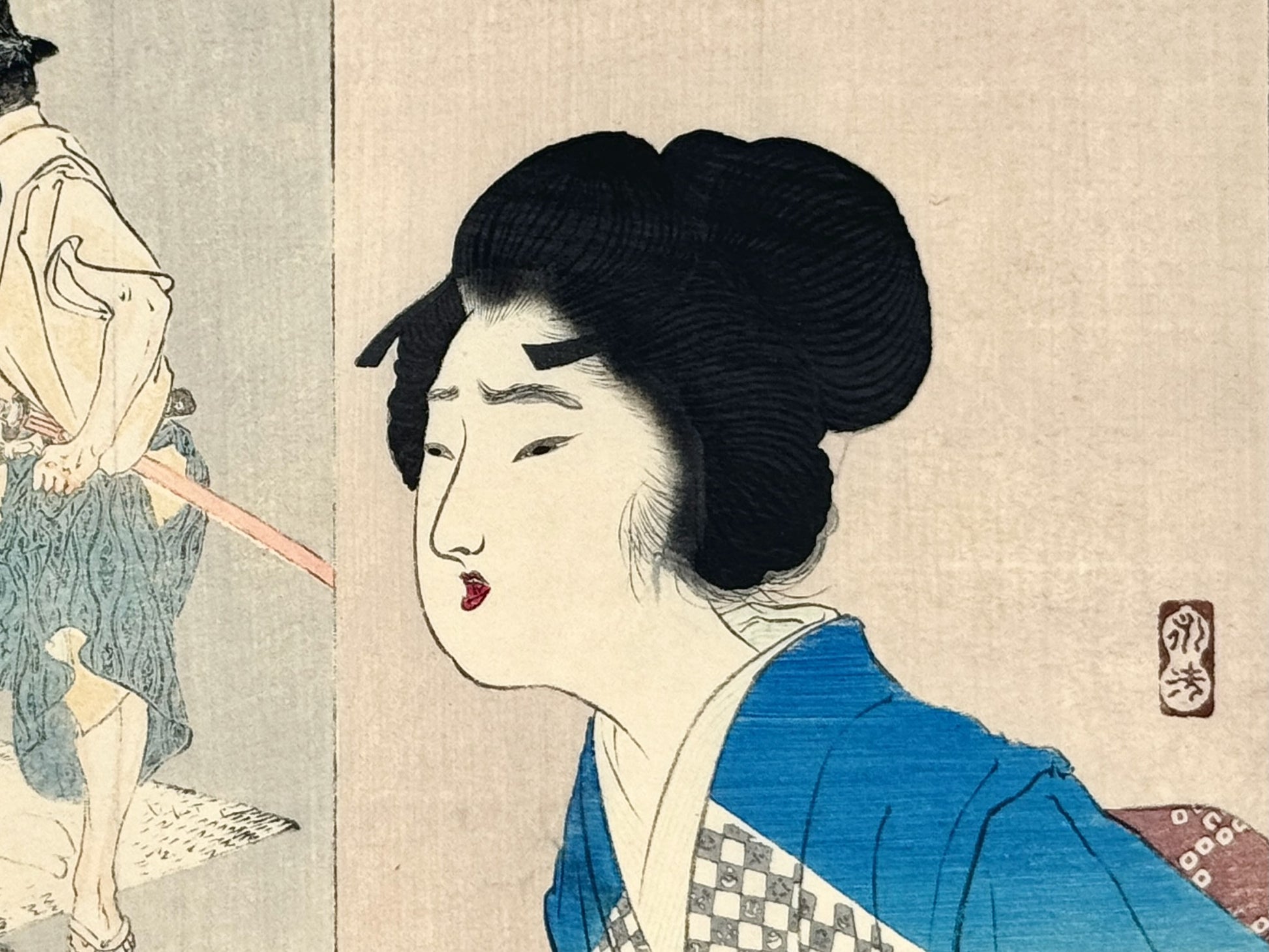 estampe japonaise kuchi-e de Tomioka Eisen, portrait d'une beauté, un samouraï et un artisan, gros plan sur le visage de la femme