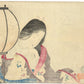 estampe japonaise une jeune femme pensive, long cheveux noirs encens et lanterne, le verso de l'estampe