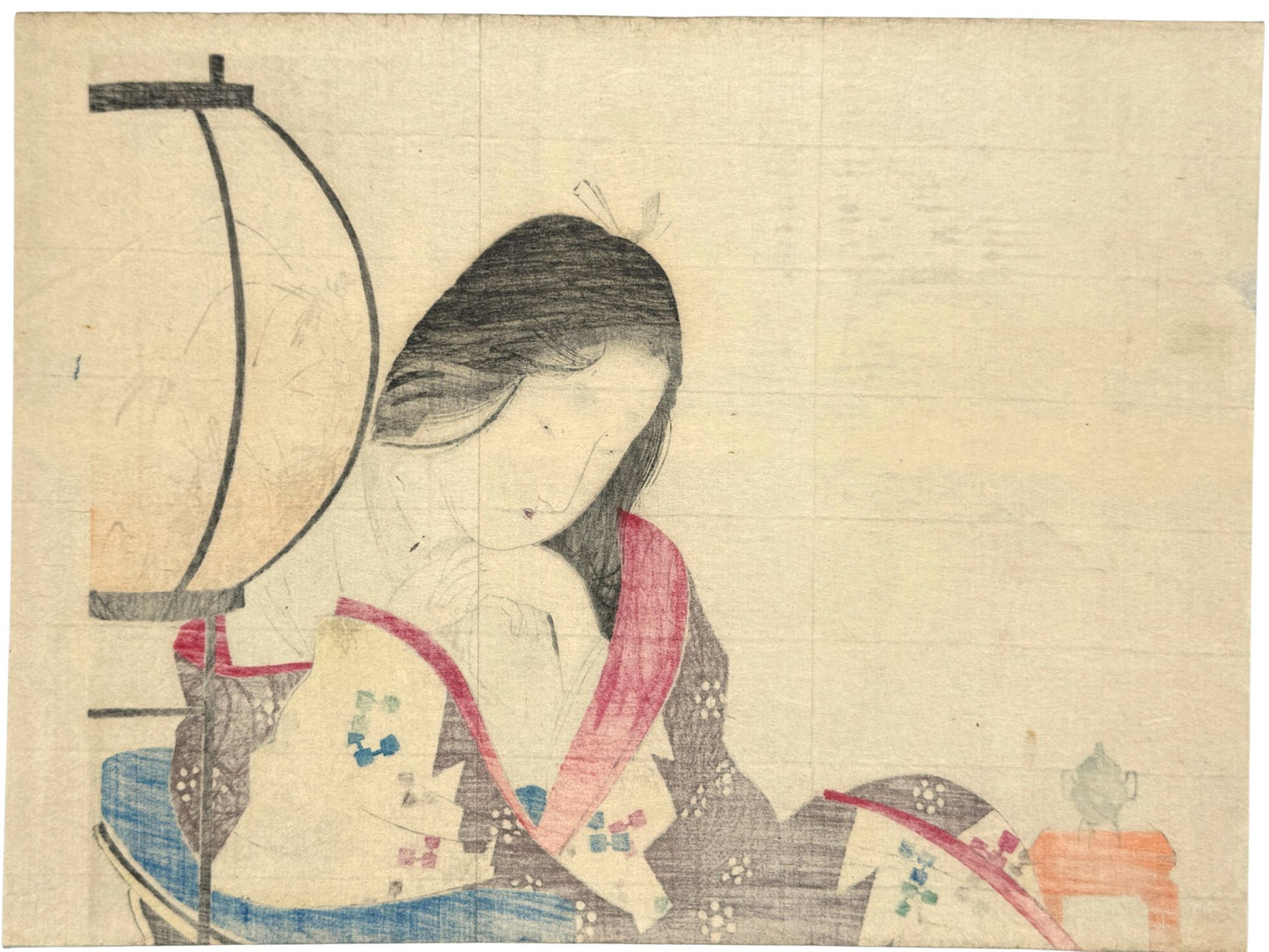 estampe japonaise une jeune femme pensive, long cheveux noirs encens et lanterne, le verso de l'estampe