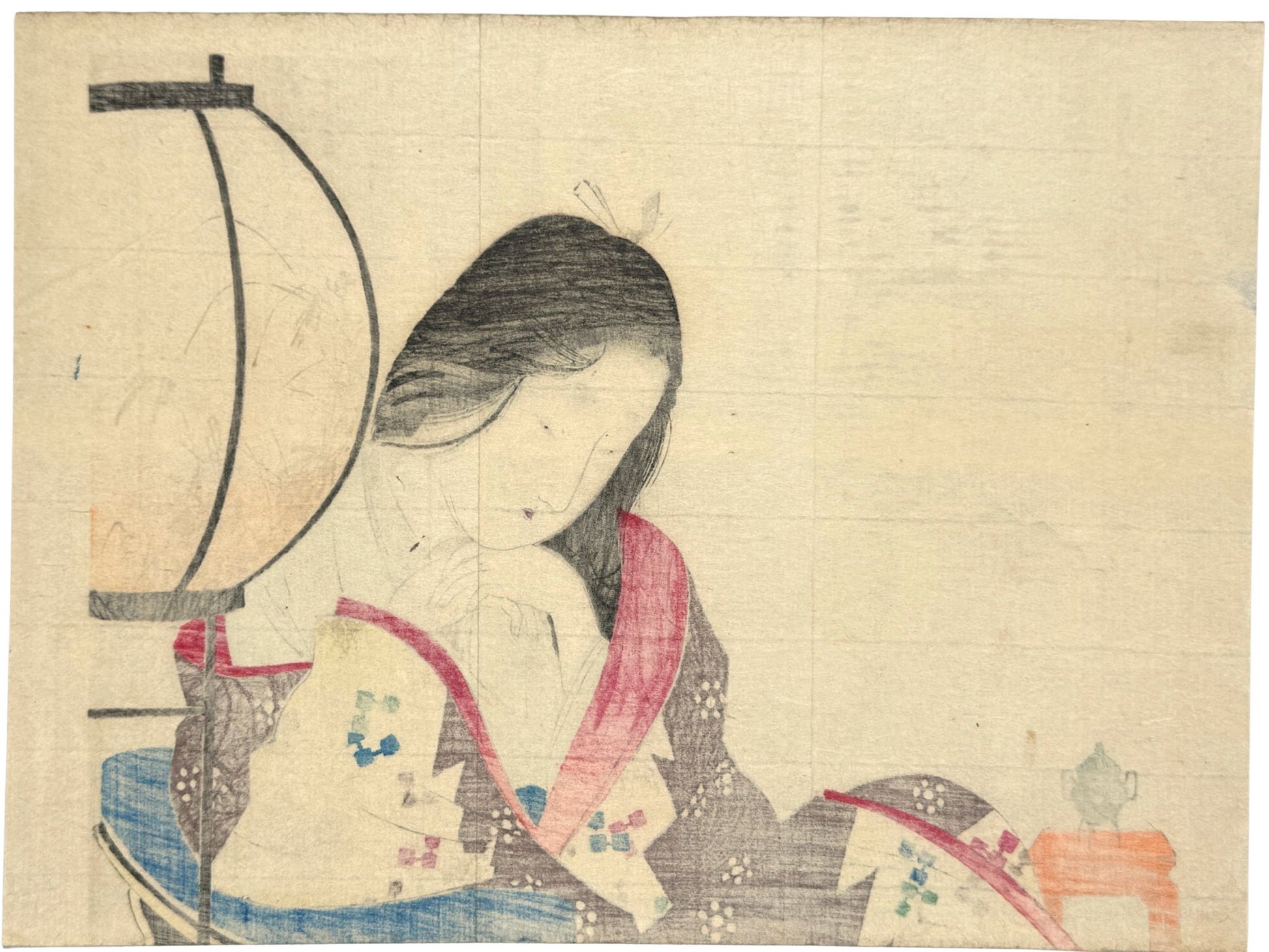 estampe japonaise une jeune femme pensive, long cheveux noirs encens et lanterne, le verso de l'estampe