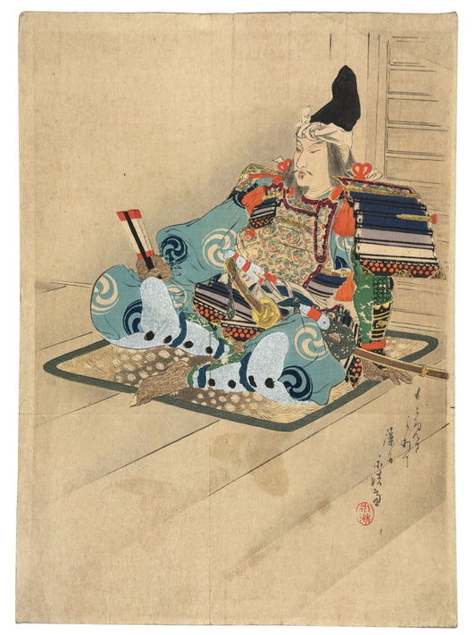 Estampe Japonaise kuchi-e de Tomioka Eisen représentant un samouraï en armure assis, sans doute le personnage principal du roman Musha Katagi ou Esprit guerrier
