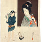 Estampe Japonaise de Tomioka Eisen, un Vendeur de poissons portant son panier et beauté portant son chat, chiots jouant au sol.