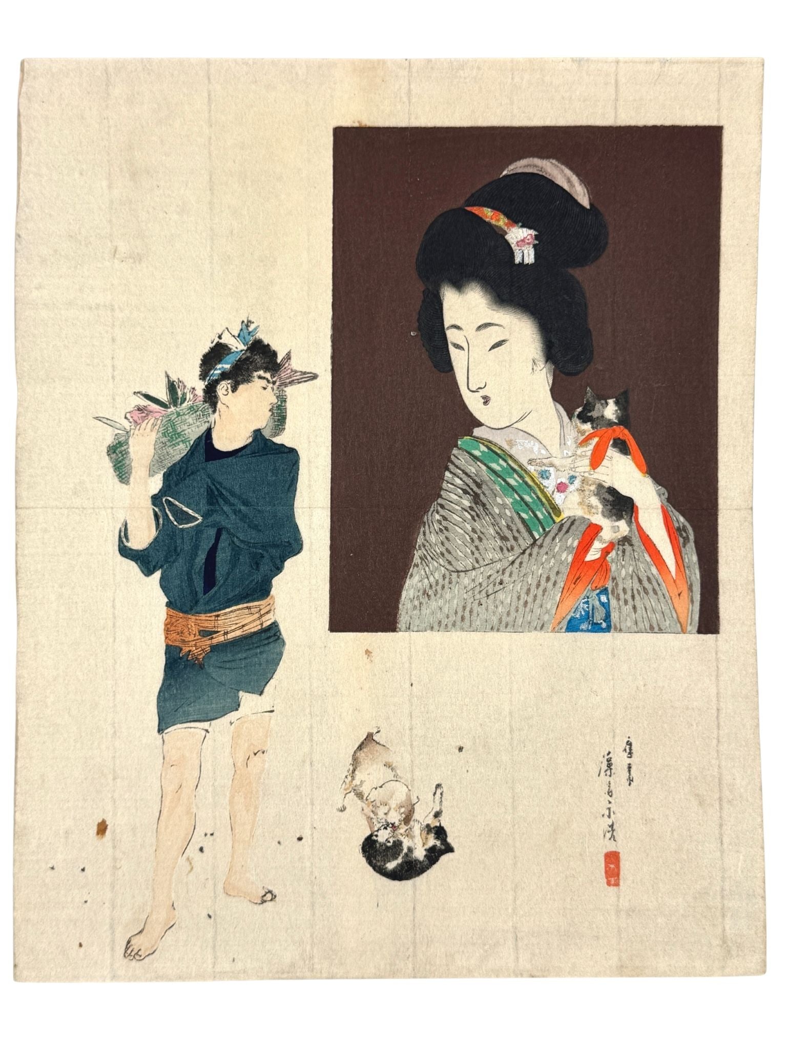 Estampe Japonaise de Tomioka Eisen, un Vendeur de poissons portant son panier et beauté portant son chat, chiots jouant au sol.