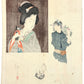 Estampe Japonaise de Tomioka Eisen, un Vendeur de poissons portant son panier et beauté portant son chat, chiots jouant au sol, le verso de l'estampe