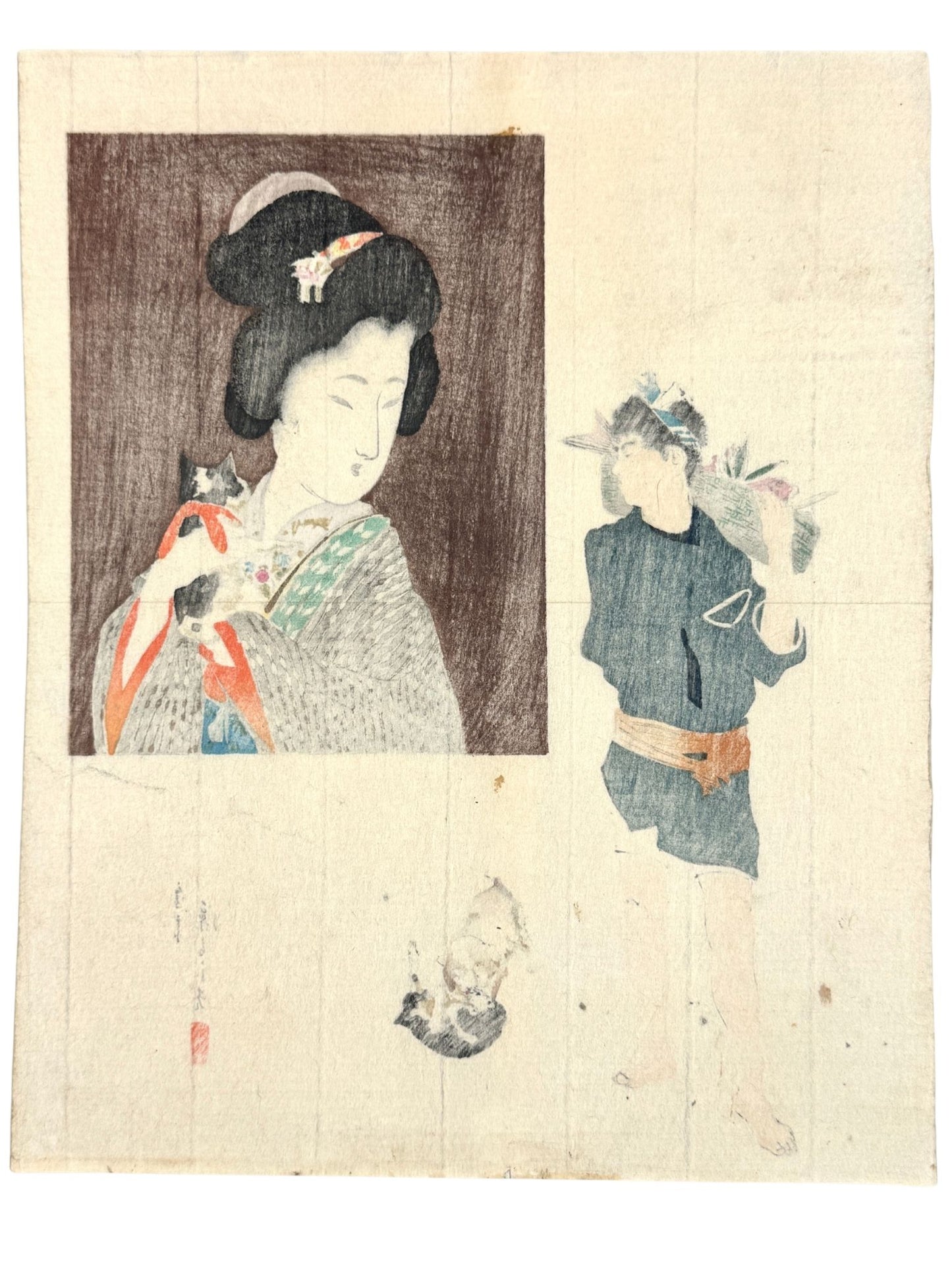 Estampe Japonaise de Tomioka Eisen, un Vendeur de poissons portant son panier et beauté portant son chat, chiots jouant au sol, le verso de l'estampe