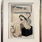 estampe japonaise de Eizan, une femme assise et son enfant faisant des grimaces devant un miroir, avec cadre doré à l'or blanc