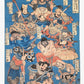 Estampe Japonaise de Kuniyoshi Utagawa, Héros du Suikoden, les 108 héros. Des guerriers sur un fond bleu. Ils ont chacun des armes et sont représentés dans des postures différentes.