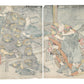 Estampe Japonaise de Hirosada représentant une scène de théâtre kabuki. Deux samouraïs, l'un d'eux écrase deux hommes au sol avec un tronc d'arbre, verso de l'estampe