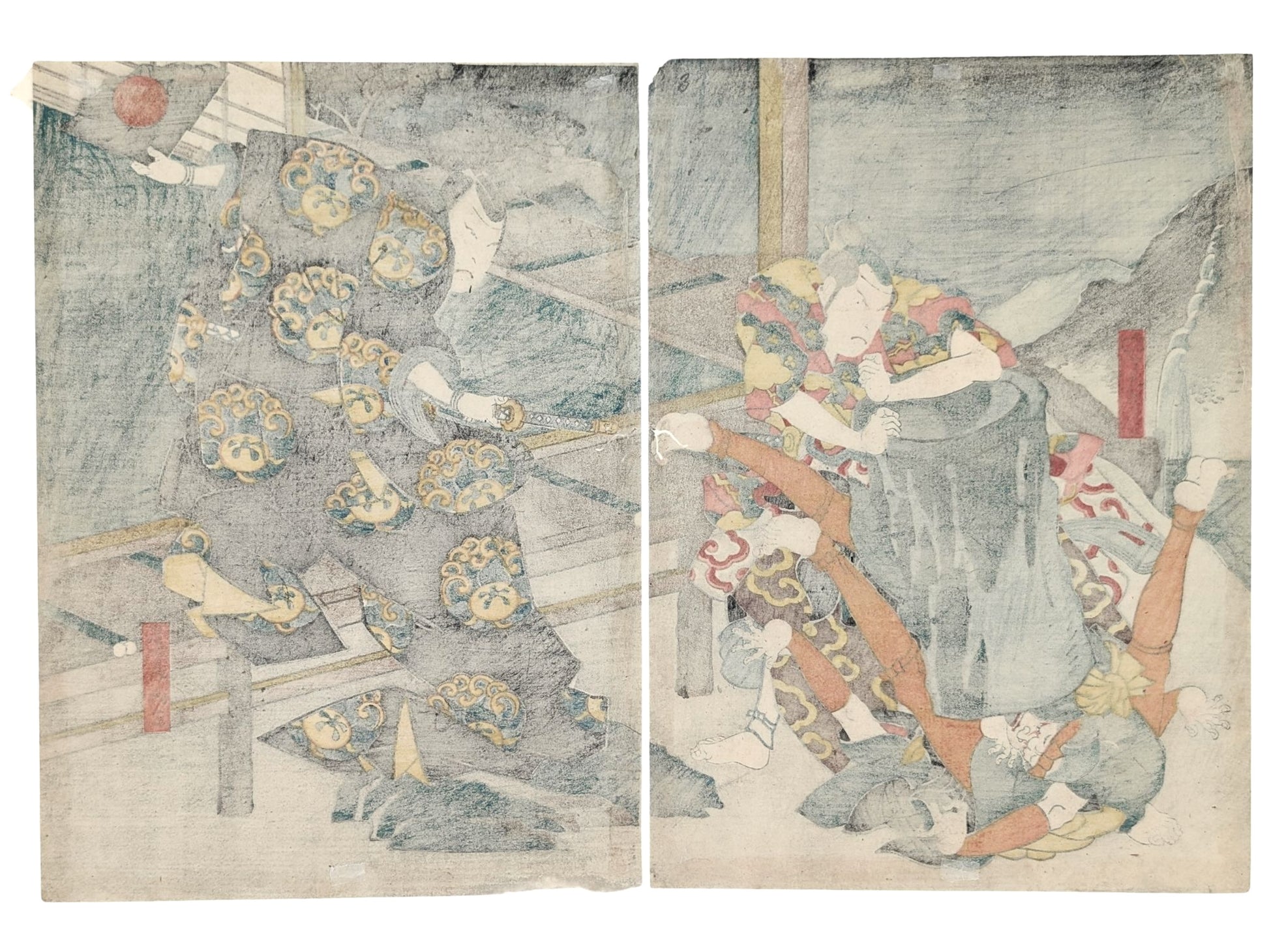 Estampe Japonaise de Hirosada représentant une scène de théâtre kabuki. Deux samouraïs, l'un d'eux écrase deux hommes au sol avec un tronc d'arbre, verso de l'estampe