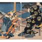 Estampe Japonaise de Hirosada représentant une scène de théâtre kabuki. Deux samouraïs, l'un d'eux écrase deux hommes au sol avec un tronc d'arbre. L'autre samouraï en kimono noir et éventail de noir à la main s'apprête à dégainer son sabre. 