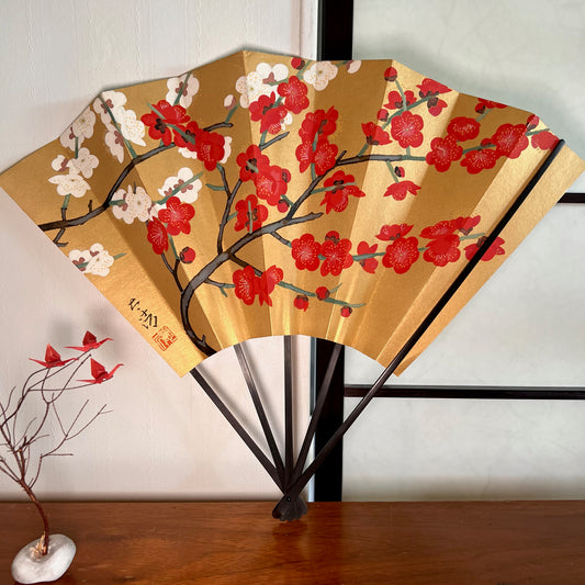 Eventail de danse | Motif fleurs de cerisiers blancs et rouges