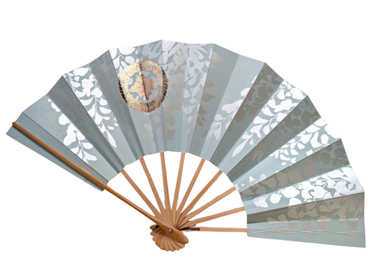 éventail japonais ancien bleu céladon avec glycines argentées et blason doré hanabishi, verso