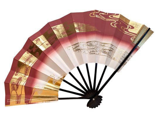 éventail japonais ancien vieux rose avec motifs dorés de lignes d’eau stylisées, recto