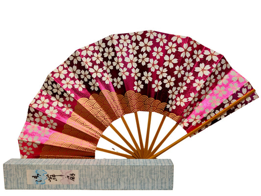 éventail japonais vintage rose avec fleurs de cerisier et vagues dorées, le recto avec sa boite d'origine