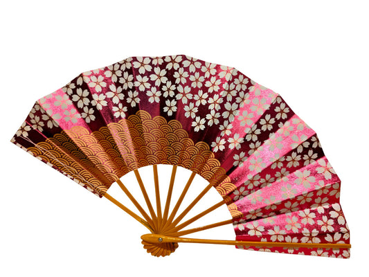 éventail japonais vintage rose avec fleurs de cerisier et vagues dorées, verso
