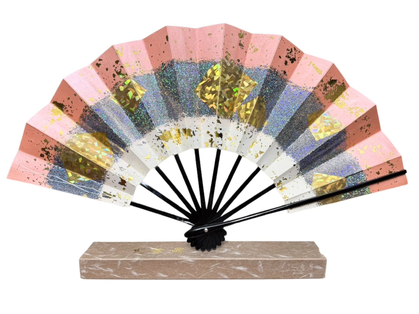 éventail traditionnel japonais brillant rose argenté et doré avec boite d'origine