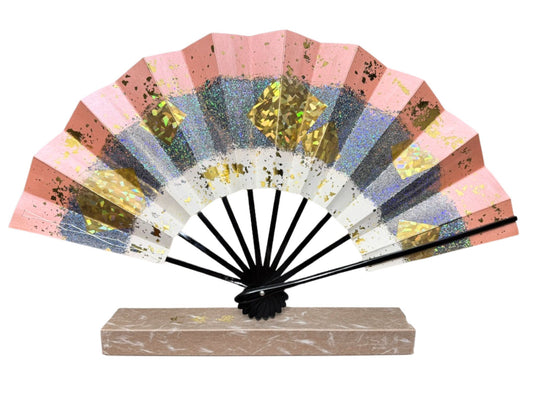 éventail traditionnel japonais brillant rose argenté et doré avec boite d'origine