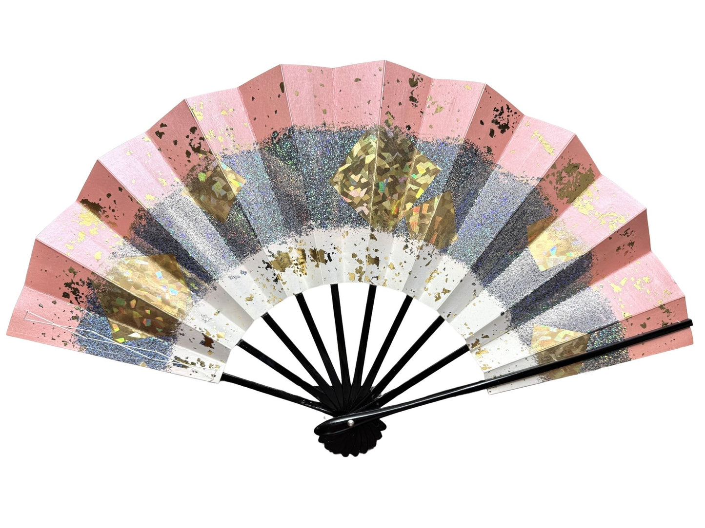éventail traditionnel japonais brillant rose et doré de dos