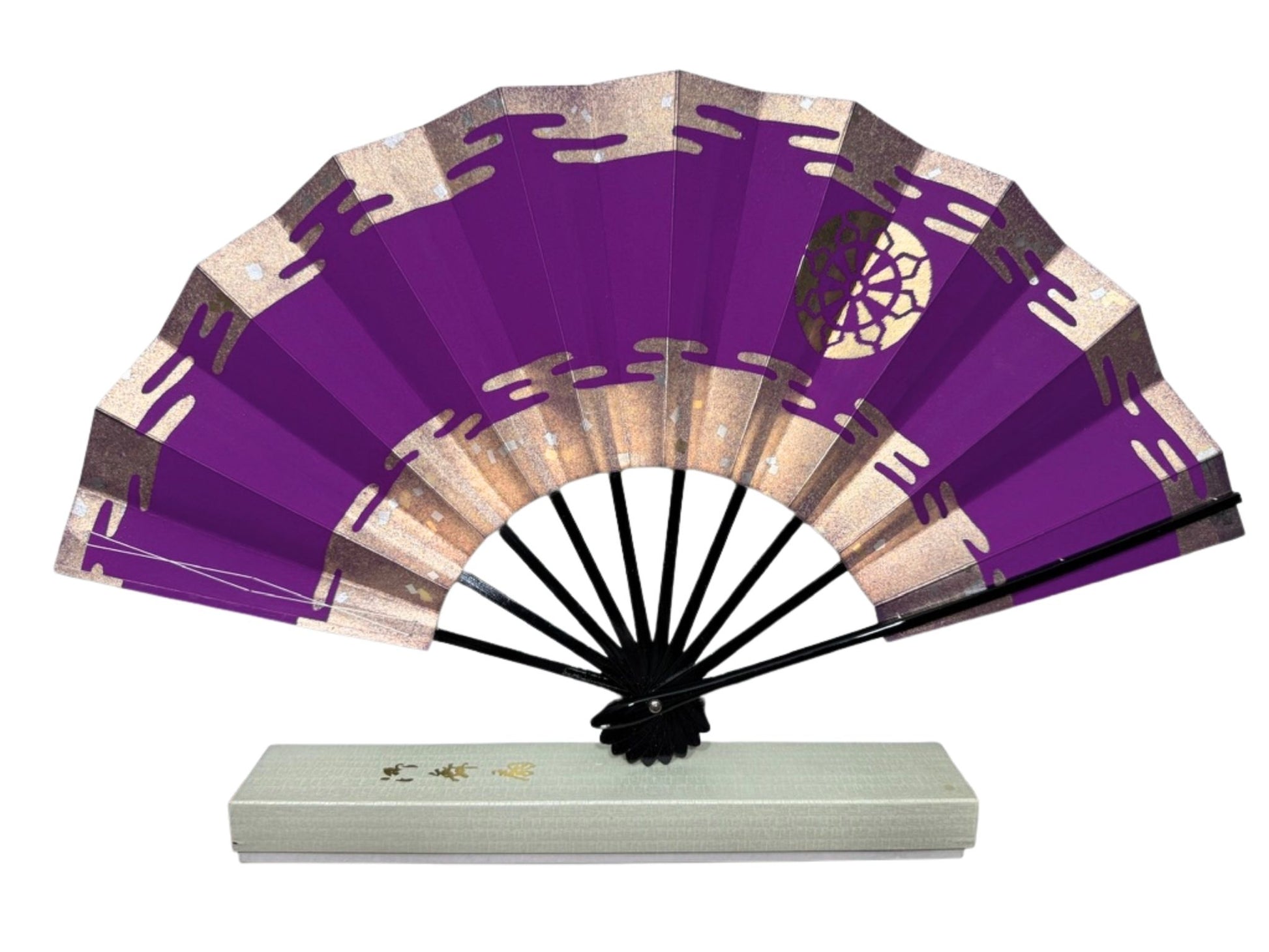 éventail japonais violet avec motif avec boite d'origine
