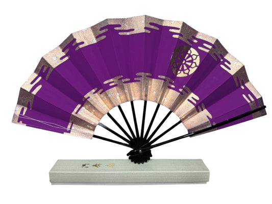 éventail japonais violet avec motif avec boite d'origine