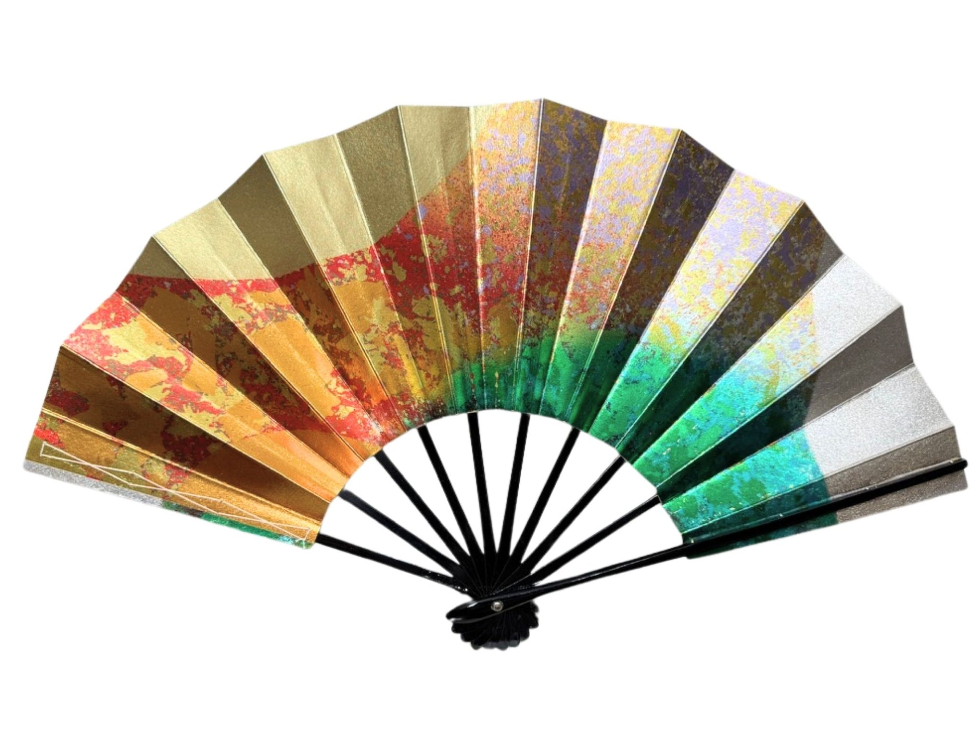 eventail traditionnel japonais couleurs cuivrées, rouge, vert orangé