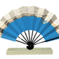 éventail japonais bleu, beige et or au motif de vague, sur sa boite