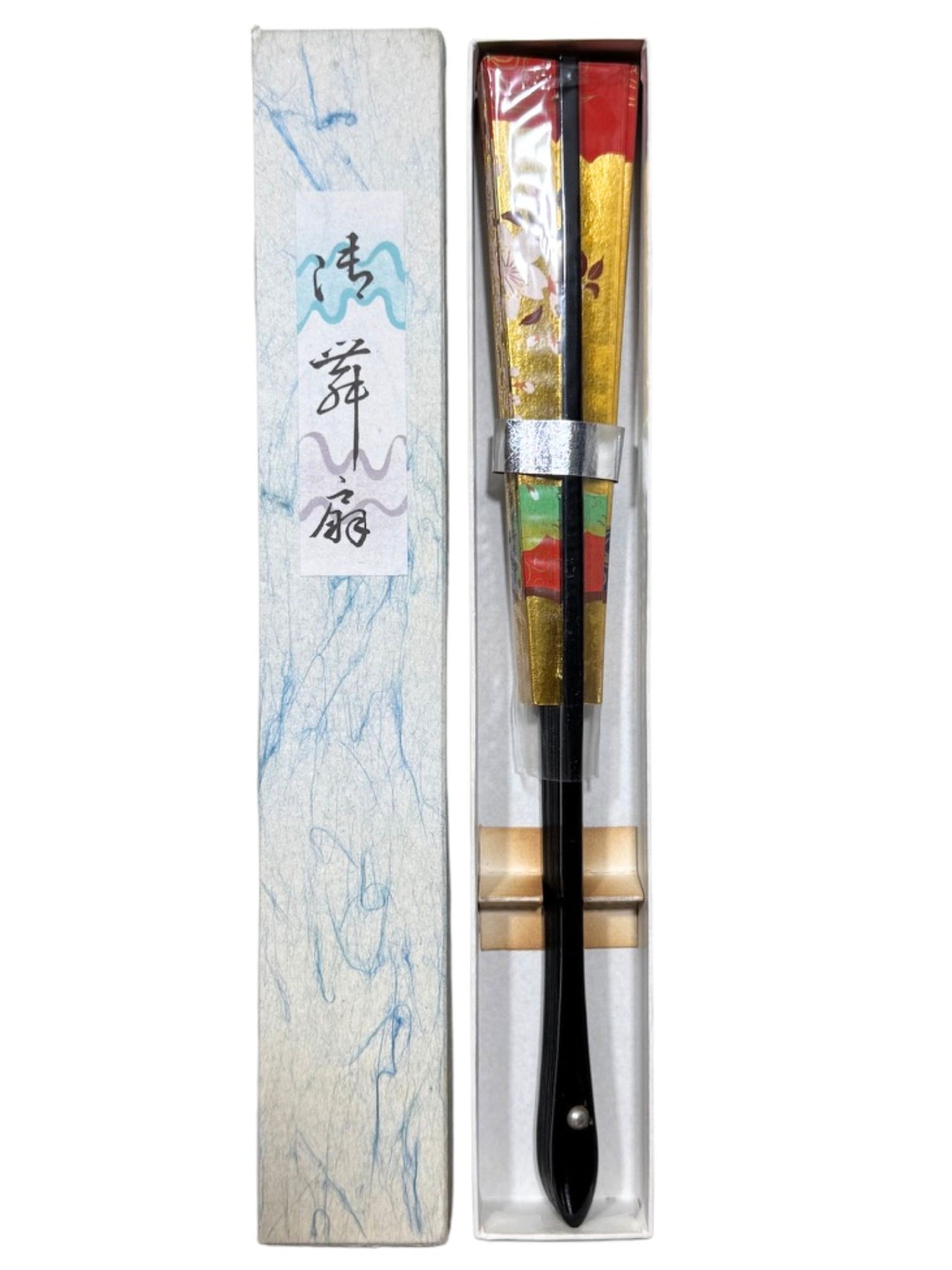Éventail traditionnel japonais fond doré et fleurs de cerisiers dans sa boite