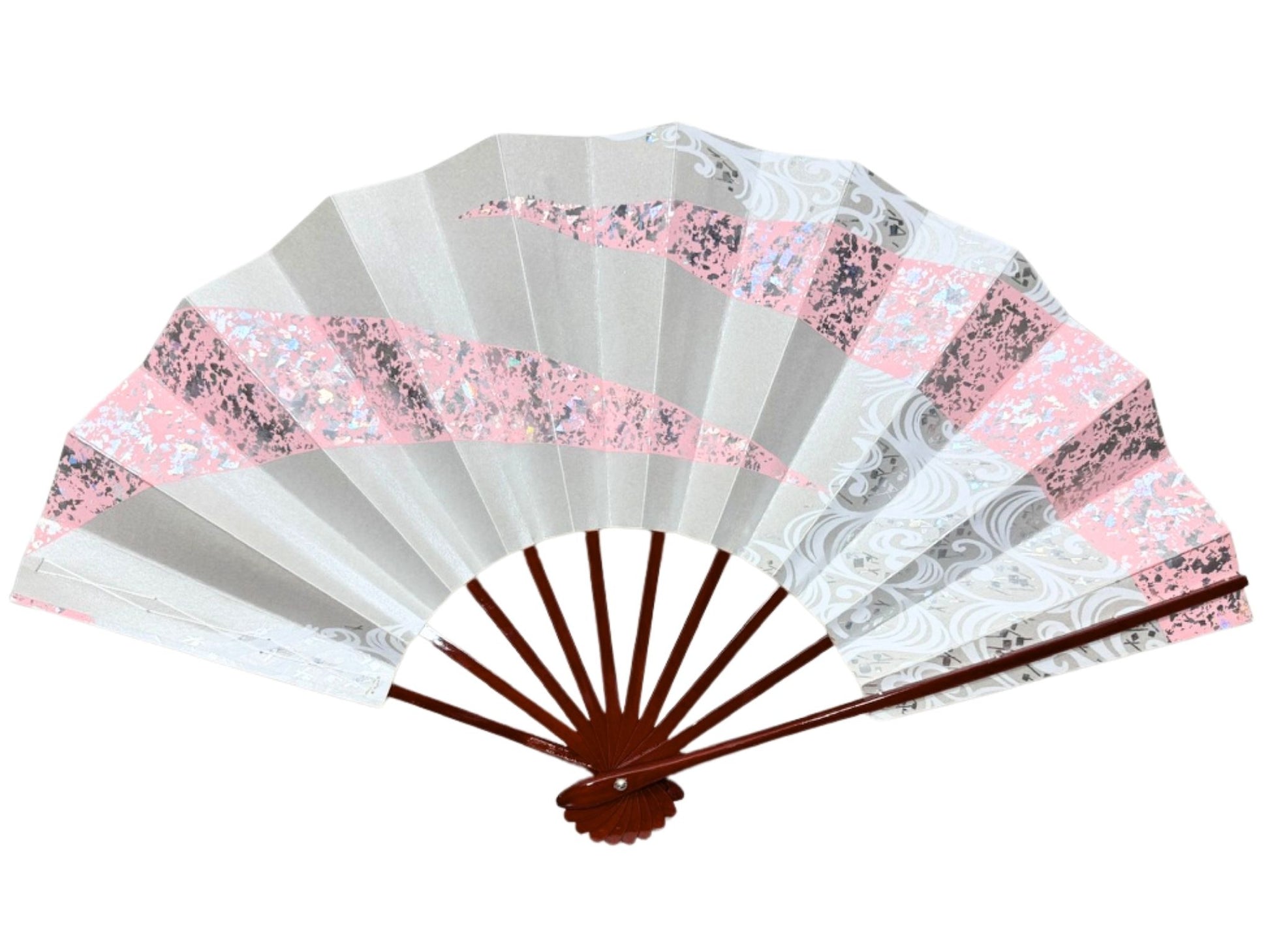éventail traditionnel japonais argent et rose aux motifs paillettes et vagues blanches 