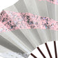 éventail traditionnel japonais argent et rose aux motifs paillettes et vagues blanches, detail des paillettes