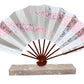 éventail traditionnel japonais argent et rose aux motifs paillettes et vagues blanches sur sa boite recto