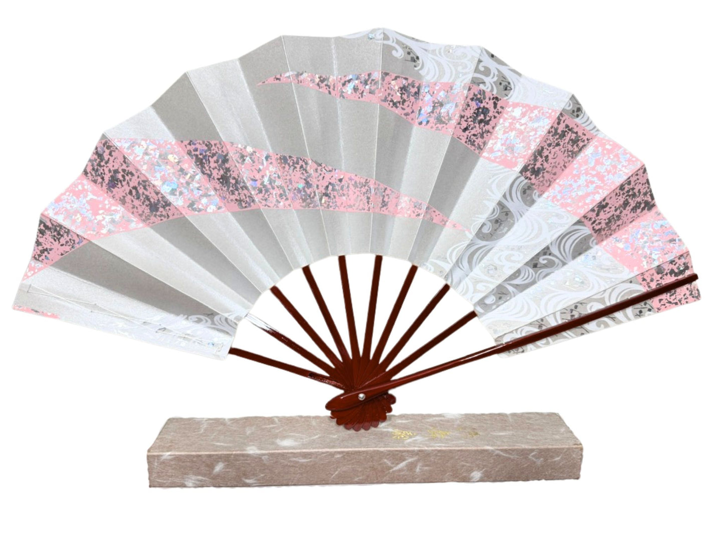 éventail traditionnel japonais argent et rose aux motifs paillettes et vagues blanches sur sa boite recto