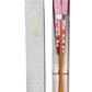 eventail japonais fond rose metallique motif fleurs de cerisier et seigaiha dans sa boite