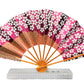 eventail japonais fond rose metallique motif fleurs de cerisier et seigaiha sur sa boite