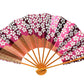 eventail japonais fond rose metallique motif fleurs de cerisier et seigaiha verso
