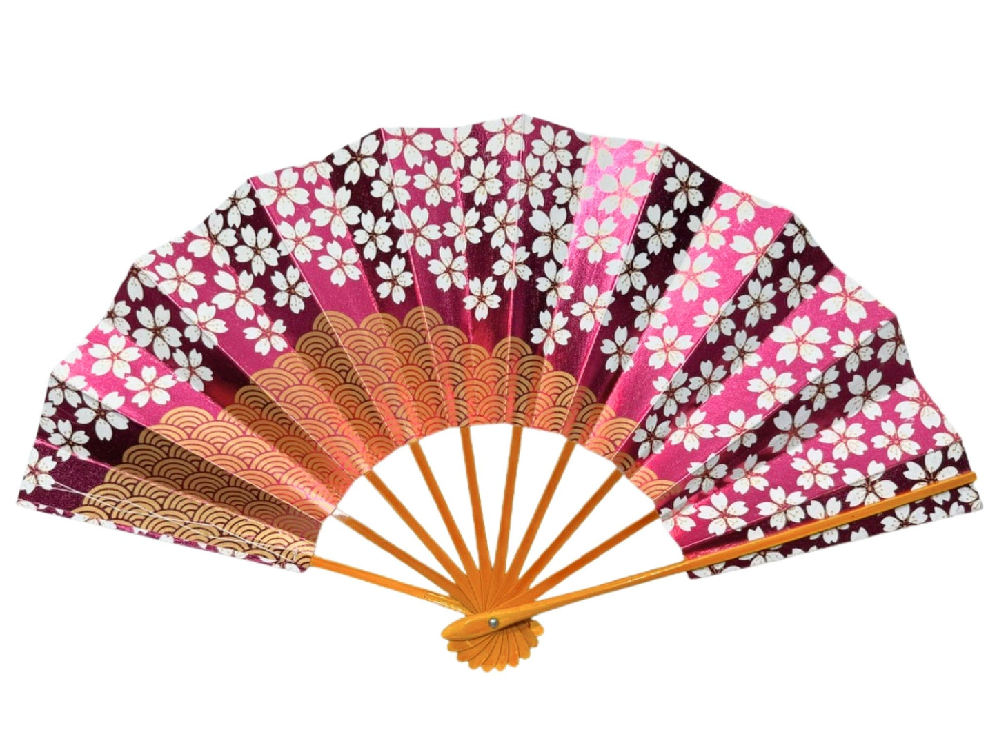 eventail japonais fond rose metallique motif fleurs de cerisier et seigaiha verso