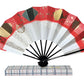 éventail traditionnel japonais argenté, doré et rouge, lames noires, sur sa boite